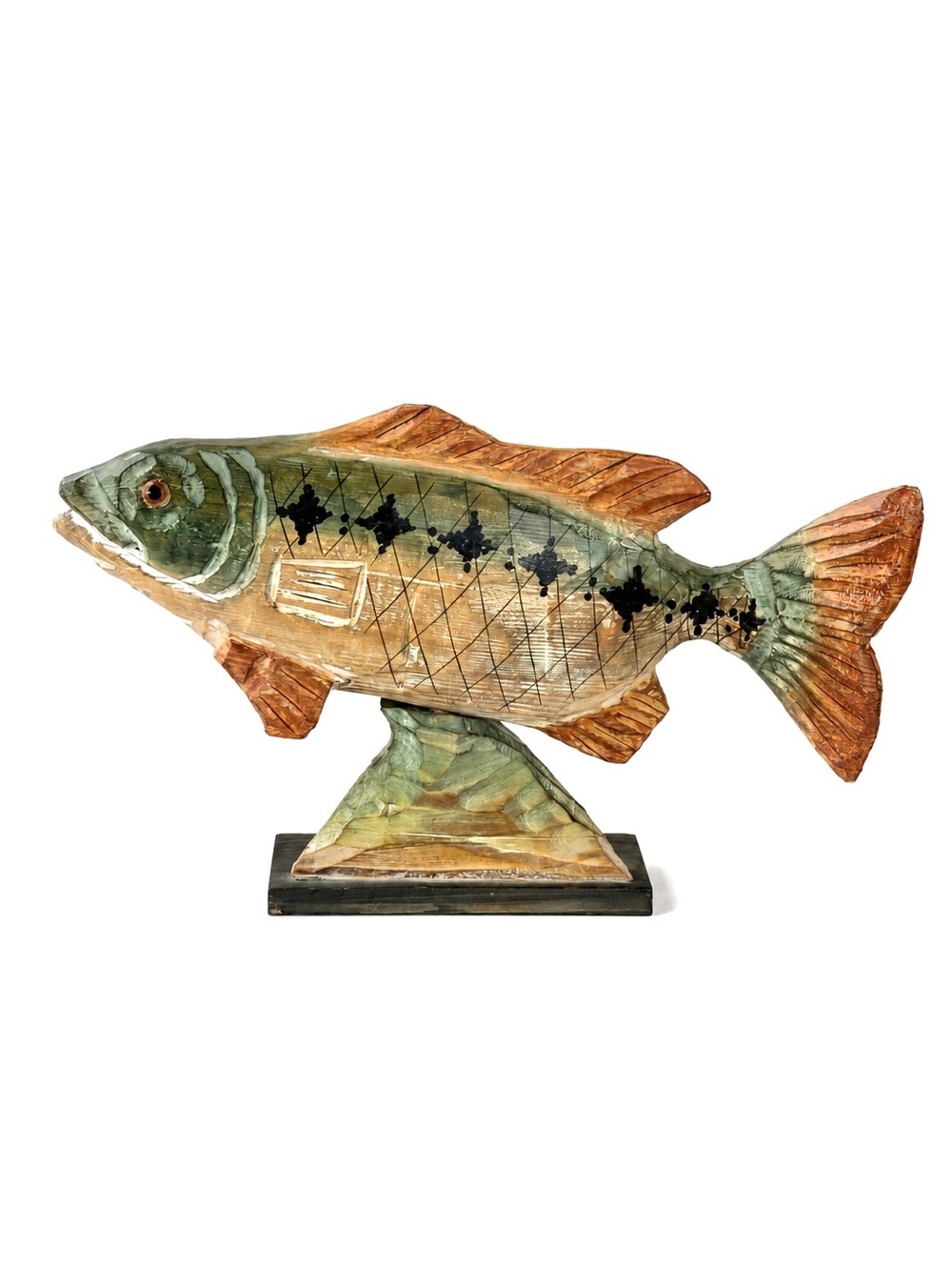 Handcrafted Green and Brown Fish Figurine on Stand - Nautical Accent Solid Wood
